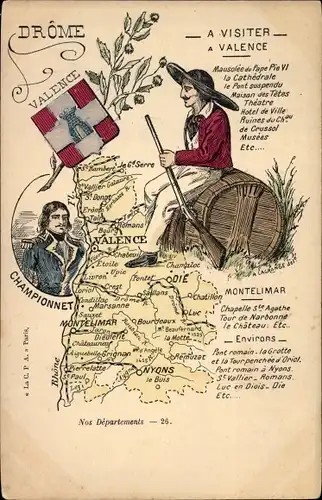 Landkarten Wappen Ak Valence Drôme, Nos Departements, Championnet, Montelimar, Nyons
