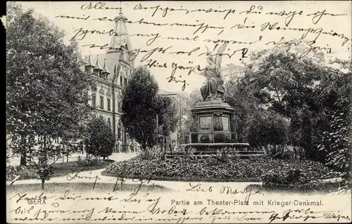Ak Gera in Thüringen, Partie am Theater-Platz mit Kriegerdenkmal