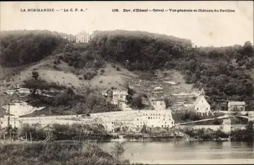 Ak Orival Elbeuf Seine Maritime,, Vue générale et Château du Pavillon