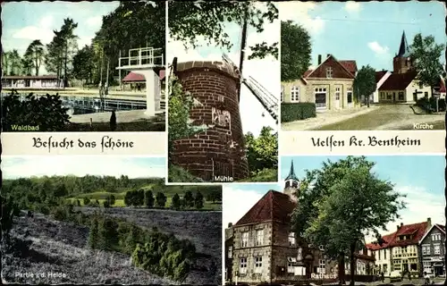 Ak Uelsen Niedersachsen, Waldbad, Mühle, Kirche, Rathaus, Partie i. d. Heide