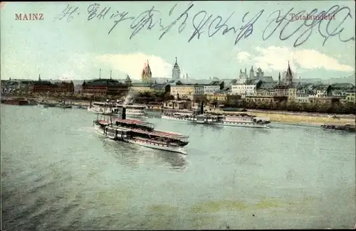Ak Mainz am Rhein, Stadtpanorama, Blick über den Fluss, Schiffe