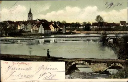 Ak Sindelfingen in Württemberg, Panorama der Stadt, Brücke mit Anglerin