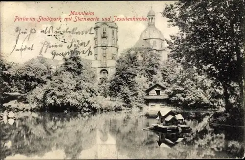Ak Mannheim in Baden, Partie im Stadtpark mit Sternwarte und Jesuitenkirche