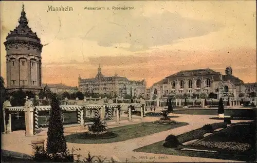 Ak Mannheim in Baden, Wasserturm und Rosengarten