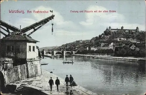 Ak Würzburg am Main Unterfranken, Am Krahnenkai, Festung und Käppele mit der alten Brücke