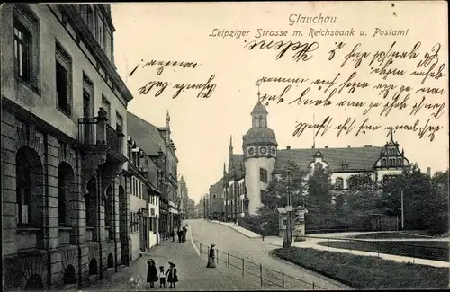 Ak Glauchau in Sachsen, Leipziger Straße m. Reichsbank u. Postamt