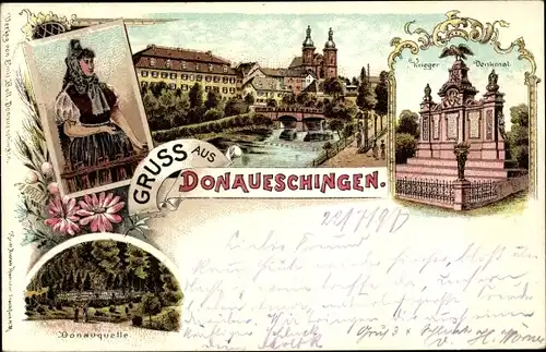 Litho Donaueschingen im Schwarzwald Baar Kreis, Kriegerdenkmal, Tracht, Donauquelle, Kirche
