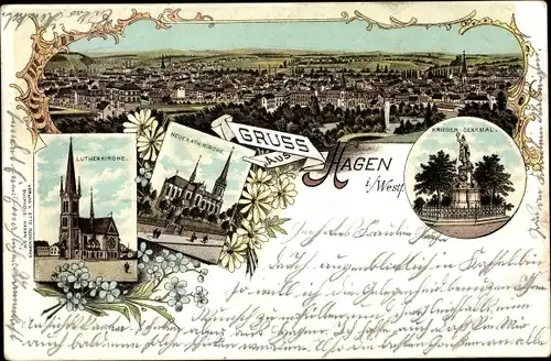 Litho Hagen in Westfalen, Panorama, Kriegerdenkmal, Lutherkirche, Neverath Kirche