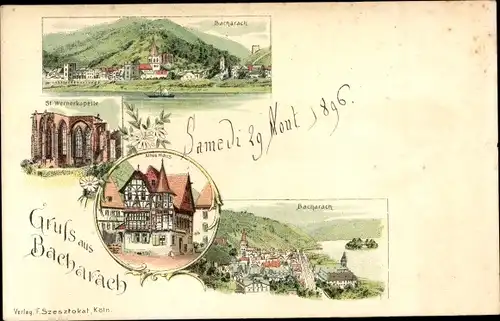 Litho Bacharach am Rhein, Ort, St. Wernerkapelle, altes Haus