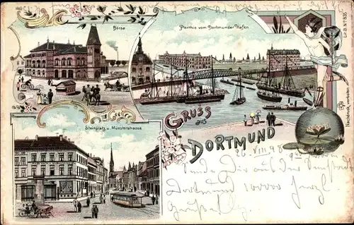 Litho Dortmund im Ruhrgebiet, Stadtansichten, Börse, Hafen, Steinplatz, Münsterstraße