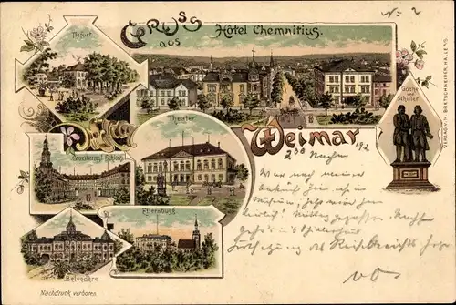 Ak Weimar in Thüringen, Hotel Chemnitius, Theater, Ettersburg, Belvedere, Schloss, Tiefurt