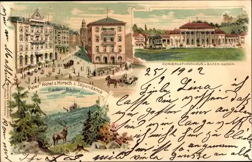 Litho Baden Baden am Schwarzwald, Conversationshaus, Peter Hotel zum Hirsch & Dependance