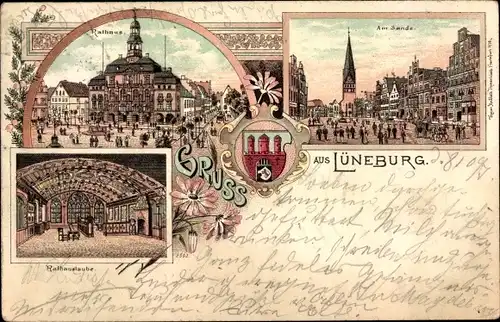 Litho Lüneburg in Niedersachsen, Rathaus, am Sande, Rathauslaube, Wappen