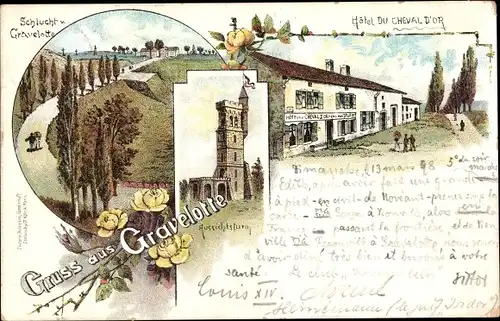 Litho Gravelotte in Mecklenburg, Schlucht, Aussichtsturm, Hotel du Cheval d'Or