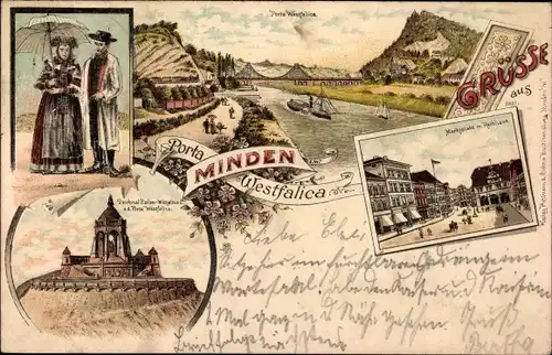Litho Minden in Westfalen, Porta Westfalica, Rathaus, Markt, Kaiser Wilhelm Denkmal, Tracht