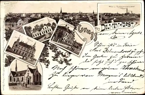 Litho Delmenhorst in Niedersachsen, Stadtansichten, Post, Kirche, Stadtpanorama, Tiergarten