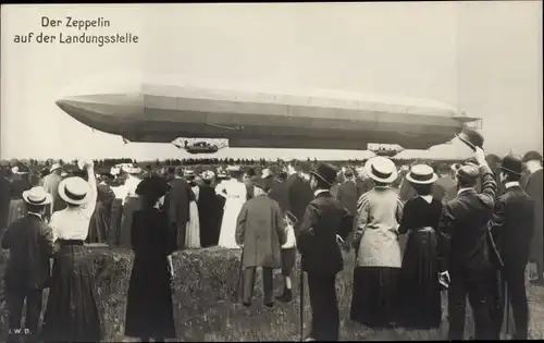 Ak Zeppelin Luftschiff auf der Landungsstelle, Schaulustige am Boden