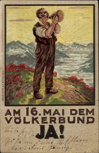 Künstler Ak Schweiz, Am 16. Mai dem Völkerbund Ja, eidgenössische Volksabstimmung 1920