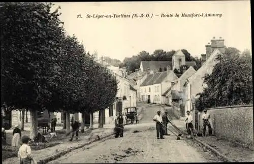 Ak Les Bruyères Saint-Léger-en-Yvelines, Route de Montfort l'Amaury, Kutsche, Straßenarbeit