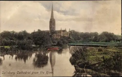 Ak Salisbury South West England, Cathedral, view from the river