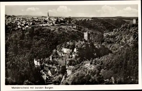 Ak Manderscheid in der Eifel Rheinland Pfalz, Übersicht mit beiden Burgen