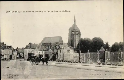 Ak Chateauneuf sur Loire Loiret, Les Grilles du Chateau, Kutsche