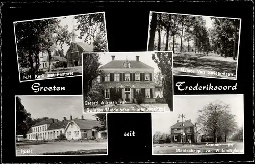 Ak Frederiksoord Drenthe, Kantoor van Weldadigheld, Tuinbouwschool, Hotel, Kerk, Pastorie