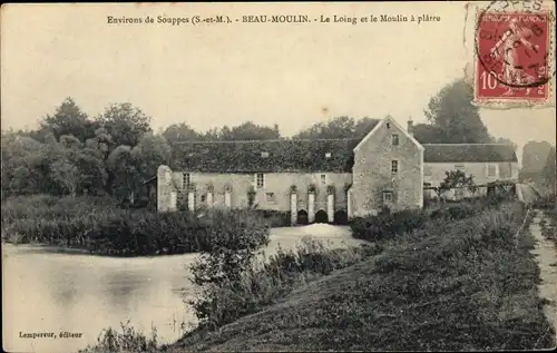 Ak Souppes sur Loing Seine et Marne, Beau Moulin, Le Loing et le Moulin a platre