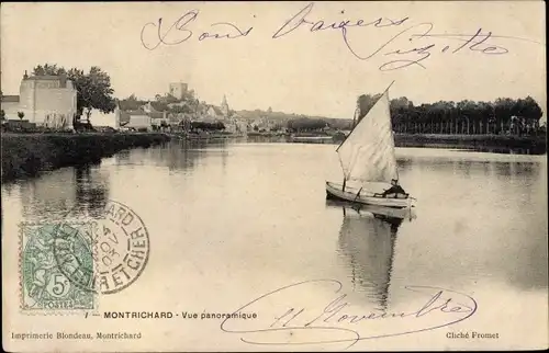 Ak Montrichard Loir et Cher, Panorama avec petit voilier sur plan d´eau