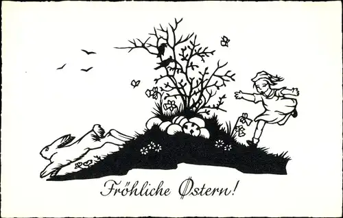 Ak Glückwunsch Ostern, Osterhase und Kind, Scherenschnitt