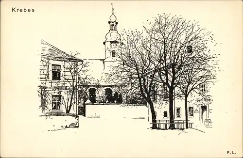 Künstler Ak Krebes Burgstein Weischlitz im Vogtland, Kirche, Gasthof