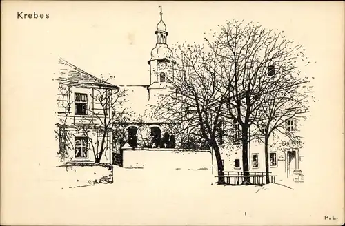 Künstler Ak Krebes Burgstein Weischlitz im Vogtland, Kirche, Gasthof