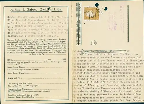 Klapp Ak Zwickau in Sachsen, J. Gabor Drahtstiftsortiments-Manufaktur, Bestellung