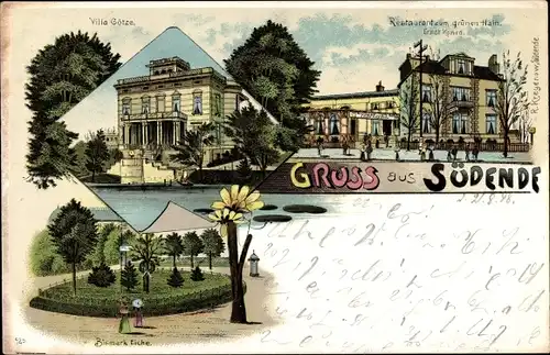 Litho Berlin Steglitz Südende, Villa Götze, Restauration zum grünen Hain, Bismarck-Eiche