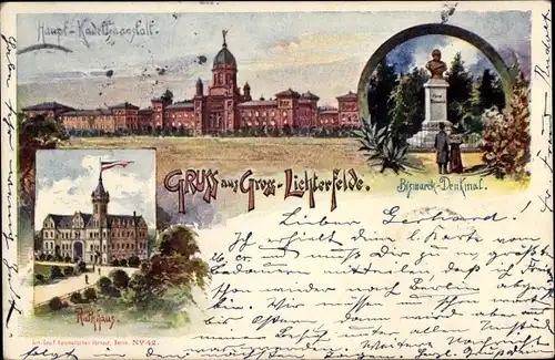Litho Berlin Steglitz Groß Lichterfelde, Bismarck-Denkmal, Rathaus, Haupt-Kadettenanstalt