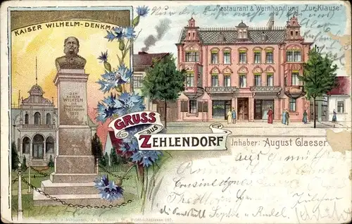 Litho Berlin Zehlendorf, Restaurant und Weinhandlung Zur Klause, Kaiser WIlhelm-Denkmal