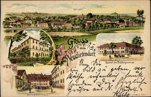 Litho Neudietendorf in Thüringen, Schwesternhaus, Gasthof der Brüdergemeinde