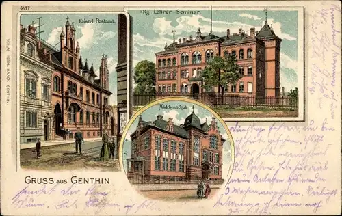 Litho Genthin am Elbe Havel Kanal, Kaiserliches Postamt, Mädchenschule, Lehrer-Seminar
