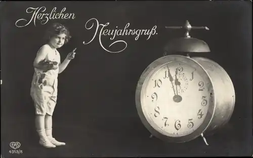 Ak Glückwunsch Neujahr, Kind, Wecker