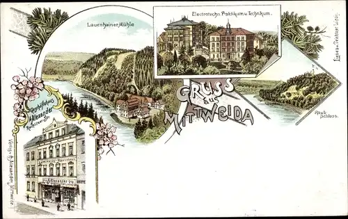 Litho Mittweida in Sachsen, Lauenhainer Mühle, Elektrotechn. Praktikum und Technikum, Schloss