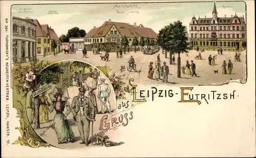Litho Eutritzsch Leipzig in Sachsen, Marktplatz, Rathaus, Gosen-Schänke