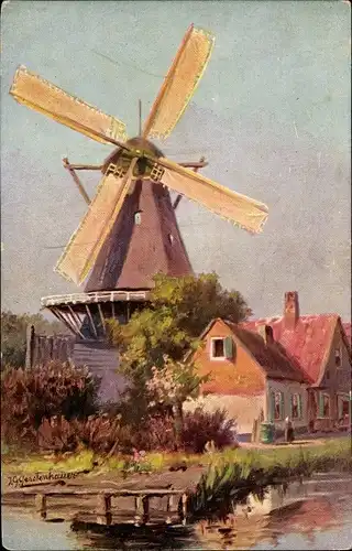 Künstler Ak Gerstenhauer, J. G., Dorfansicht, Windmühle, Wohnhäuser