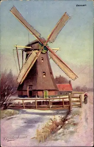 Künstler Ak Gerstenhauer, J. G., Dorfansicht, Windmühle, Frau, Januari