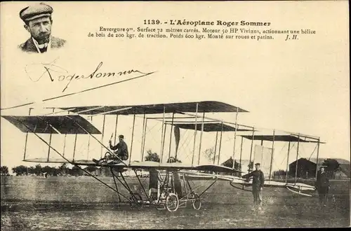 Ak L'Aeroplane Roger Sommer, Flugpionier, Doppeldecker