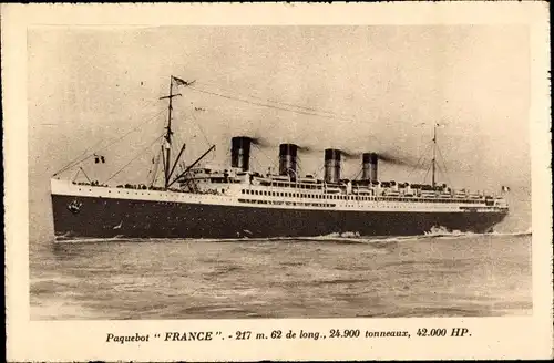 Ak Paquebot France, CGT French Line, Transatlantique, Dampfer, Dampfschiff