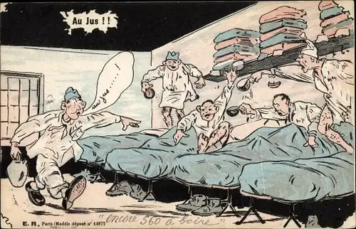 Künstler Ak Französische Soldaten in Betten, Soldatenleben, Au Jus, Soldat mit Wasserkrug