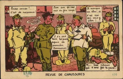 Ak Französische Soldaten, Soldatenleben, Stinkende Schuhe, Revue de Chaussures