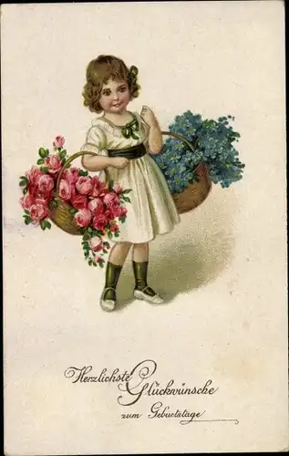 Ak Glückwunsch Geburtstag, Mädchen, Blumenstrauß, Rosen, Vergissmeinnicht
