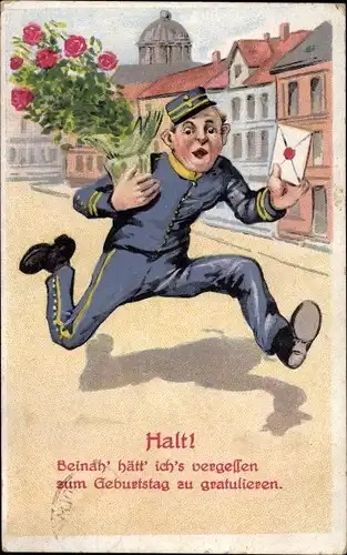 Ak Glückwunsch Geburtstag, Mann mit Rosen, Blumentopf, Beinahe hätte ich vergessen...