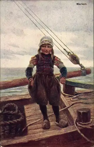 Ak Kind  in niederländischer Tracht am Bord eines Schiffes, Marken